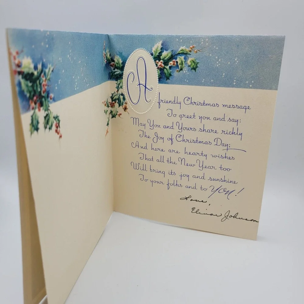Vintage Christmas Card Candles Holly Berries Unused Made in USA Holiday Greeting